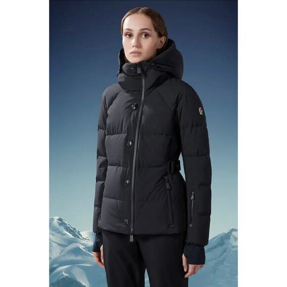 Moncler Guyane Black Down Belted Puffer Zip Jacket 5 / XL